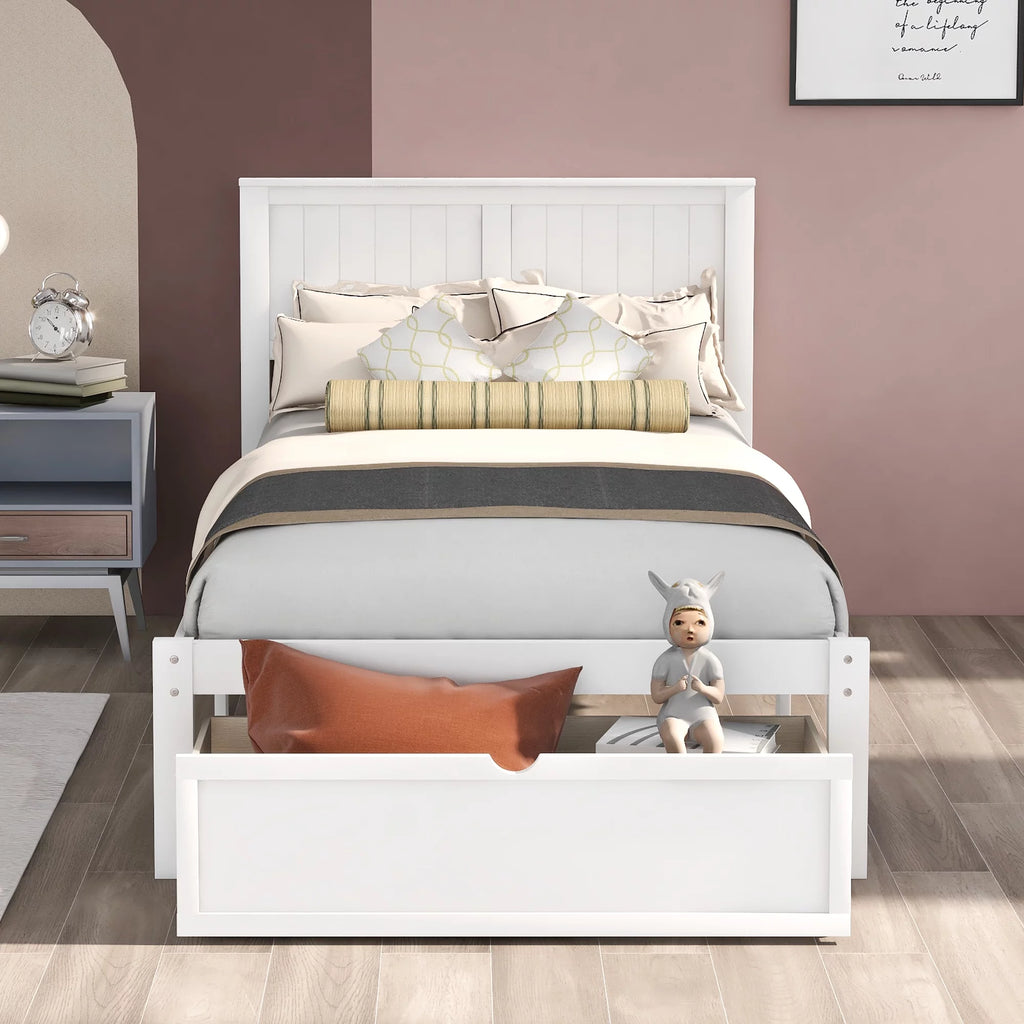 White Twin Wood Platform Bed with Headboard and Storage Drawer C289363