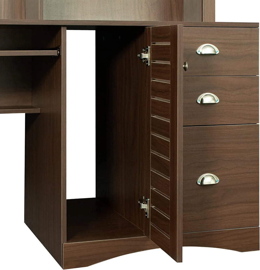 Walnut Computer Desk with Cabinet and Keyboard Tray S47713