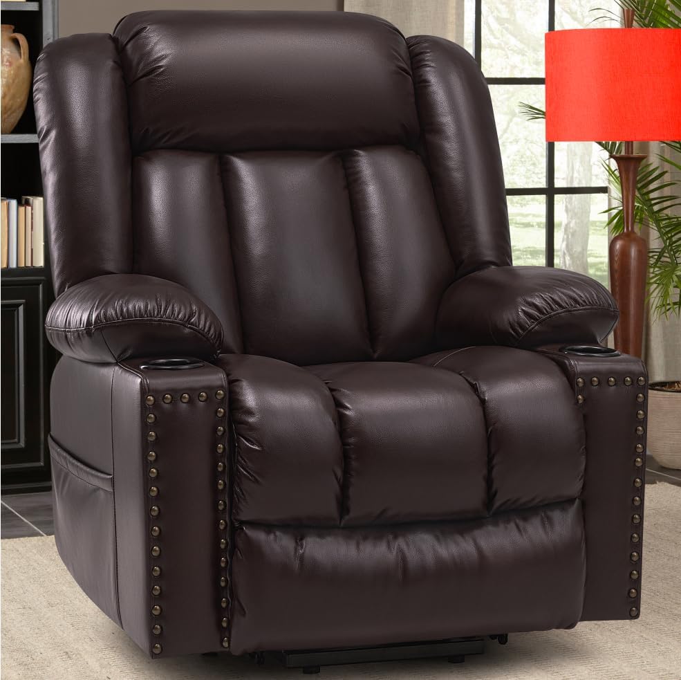 Large Power Lift Recliner Chair with Heated and Massage, Breathable Leather, Dark Brown A4908
