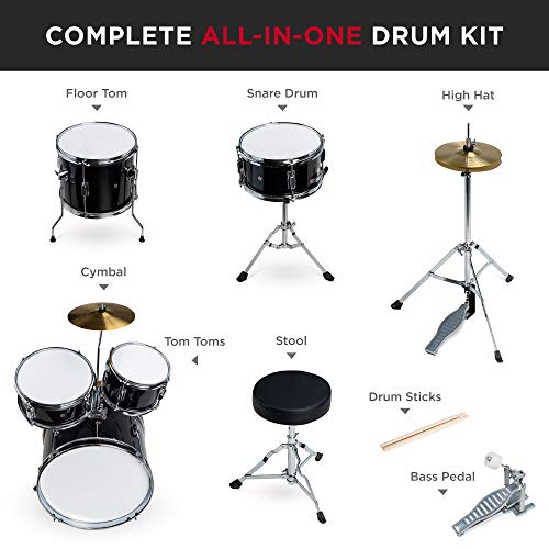 5-Piece Beginner Drum Set with Cymbals Pedal Drumsticks Stool Black W5447