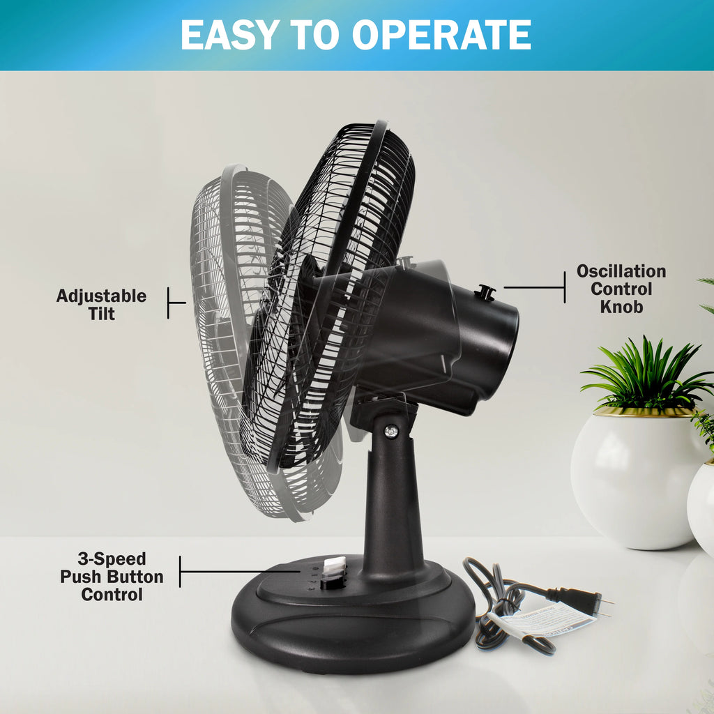 12” 3-Speed Oscillating Table Fan with Adjustable Tilt, Black P8560