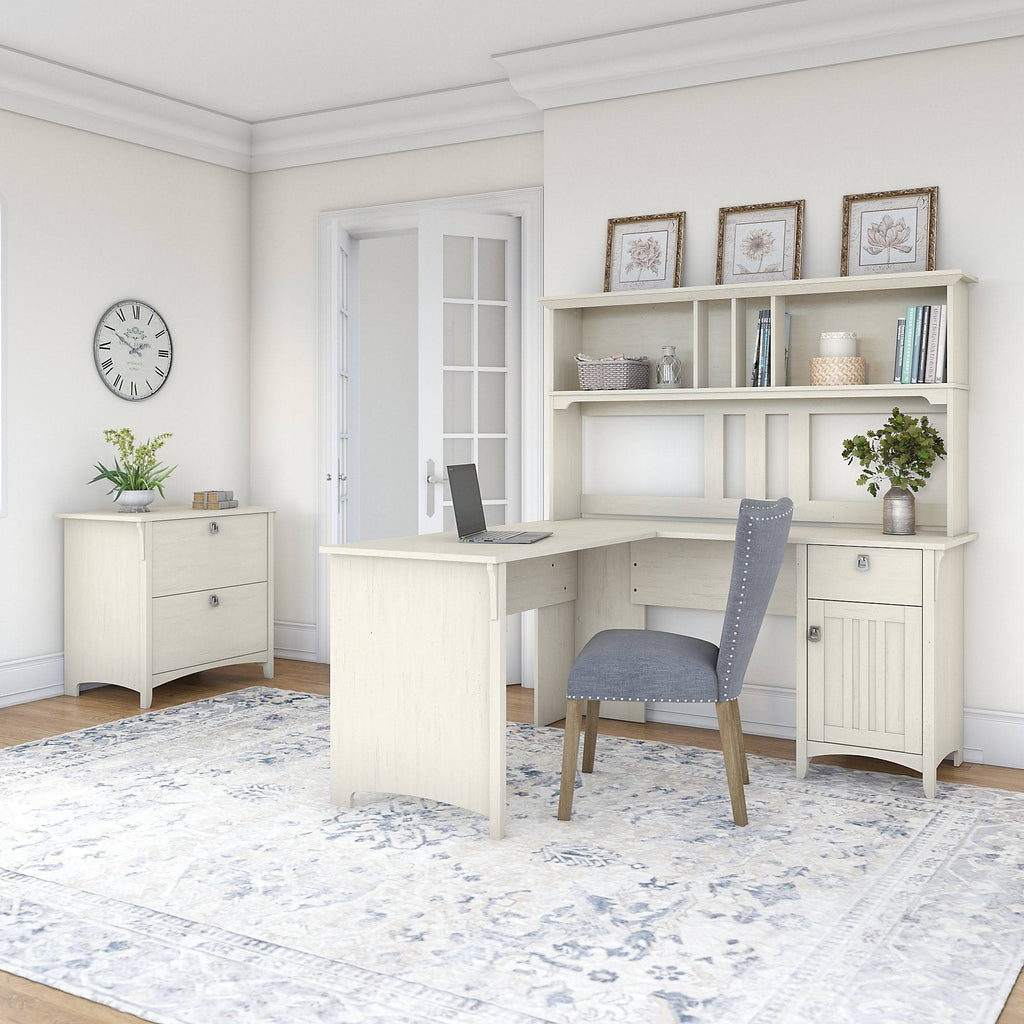White L-Shaped Desk with Hutch and Lateral File Cabinet W429589