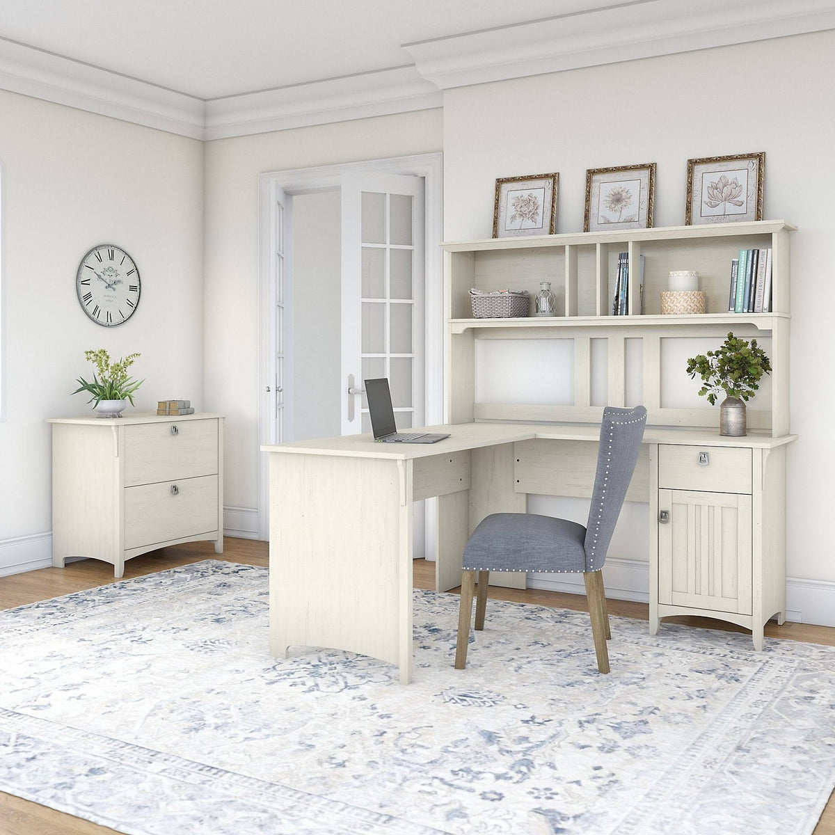 White L-Shaped Desk with Hutch and Lateral File Cabinet W429589