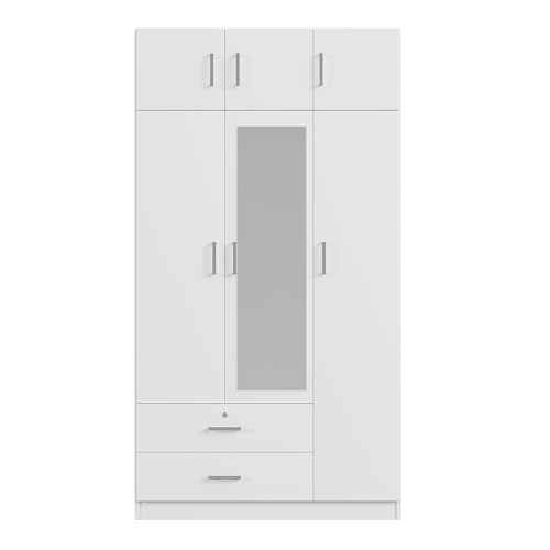 White 3-Door Wardrobe Closet with 1 Drawer and Top Cabinet G57865