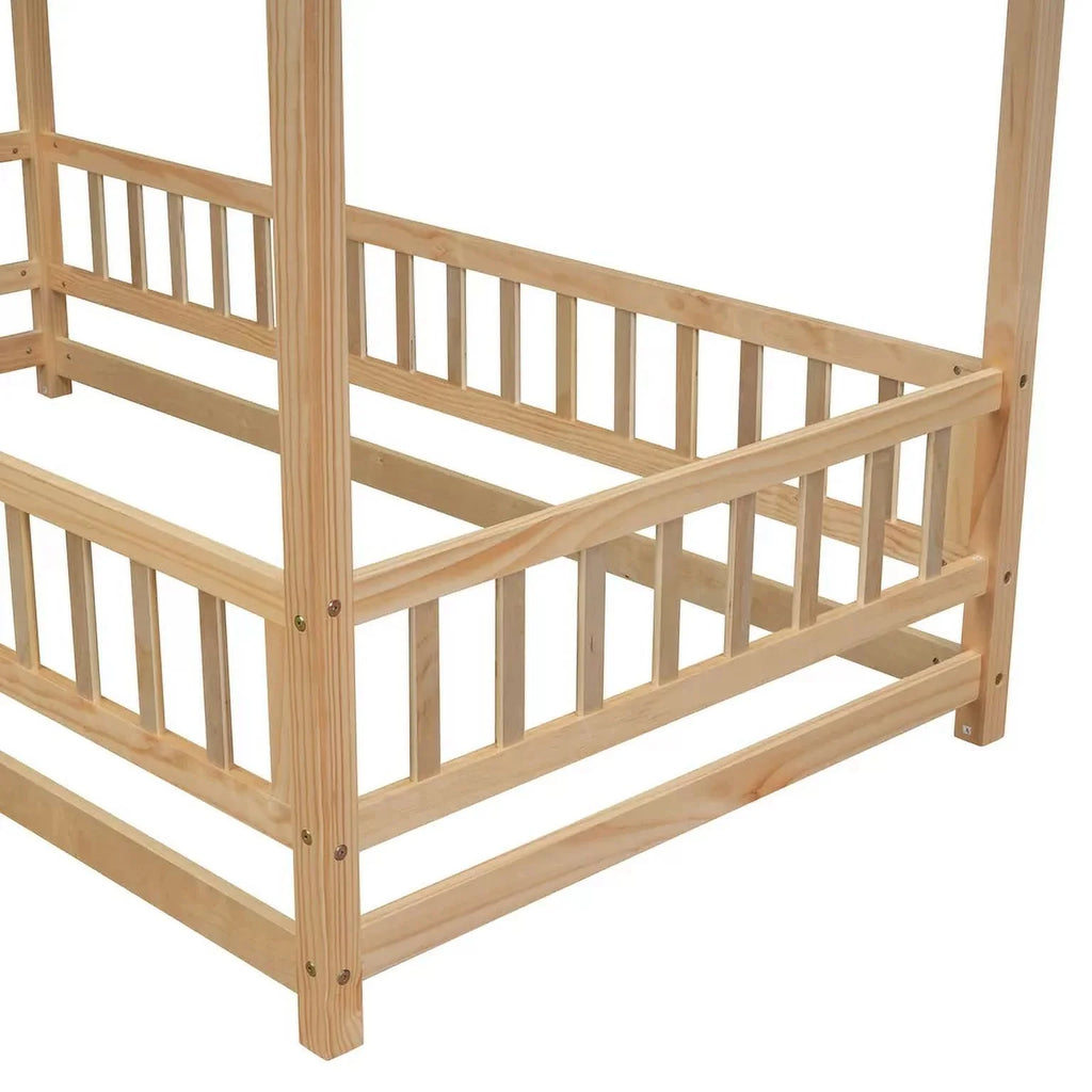 Twin Size Wood House Floor Bed with Fence Guardrails O603092