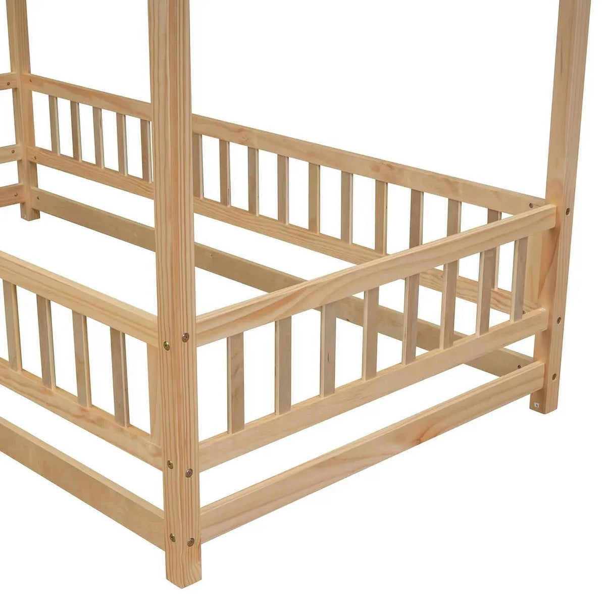 Twin Size Wood House Floor Bed with Fence Guardrails O603092