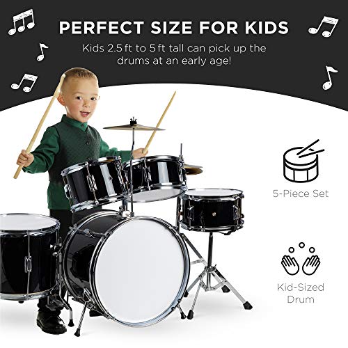 5-Piece Beginner Drum Set with Cymbals Pedal Drumsticks Stool Black W5447