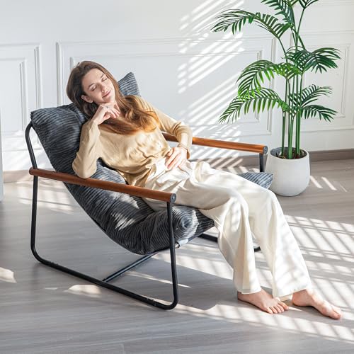 Beige Upholstered Accent Chair with Wooden Armrest E57352