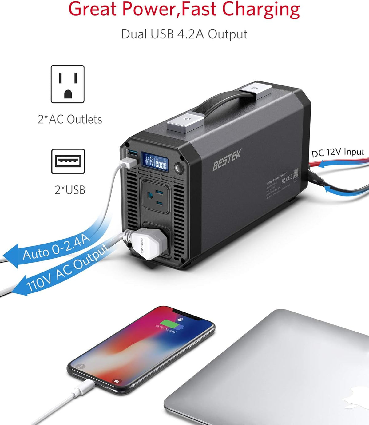 1200W Power Inverter with LCD Display Dual USB Car Charger R9629