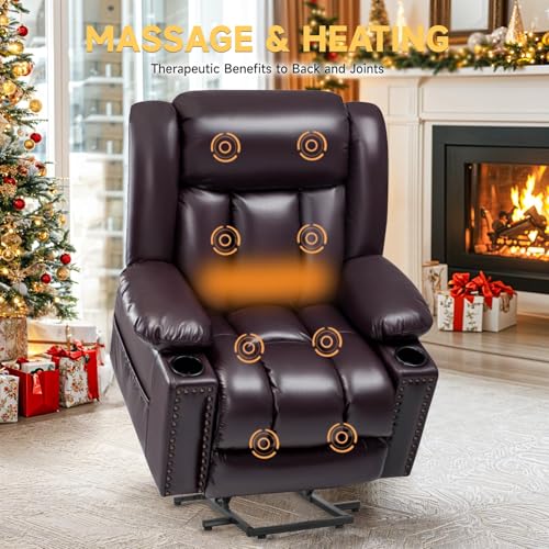 Large Power Lift Recliner Chair with Heated and Massage, Breathable Leather, Dark Brown A4908