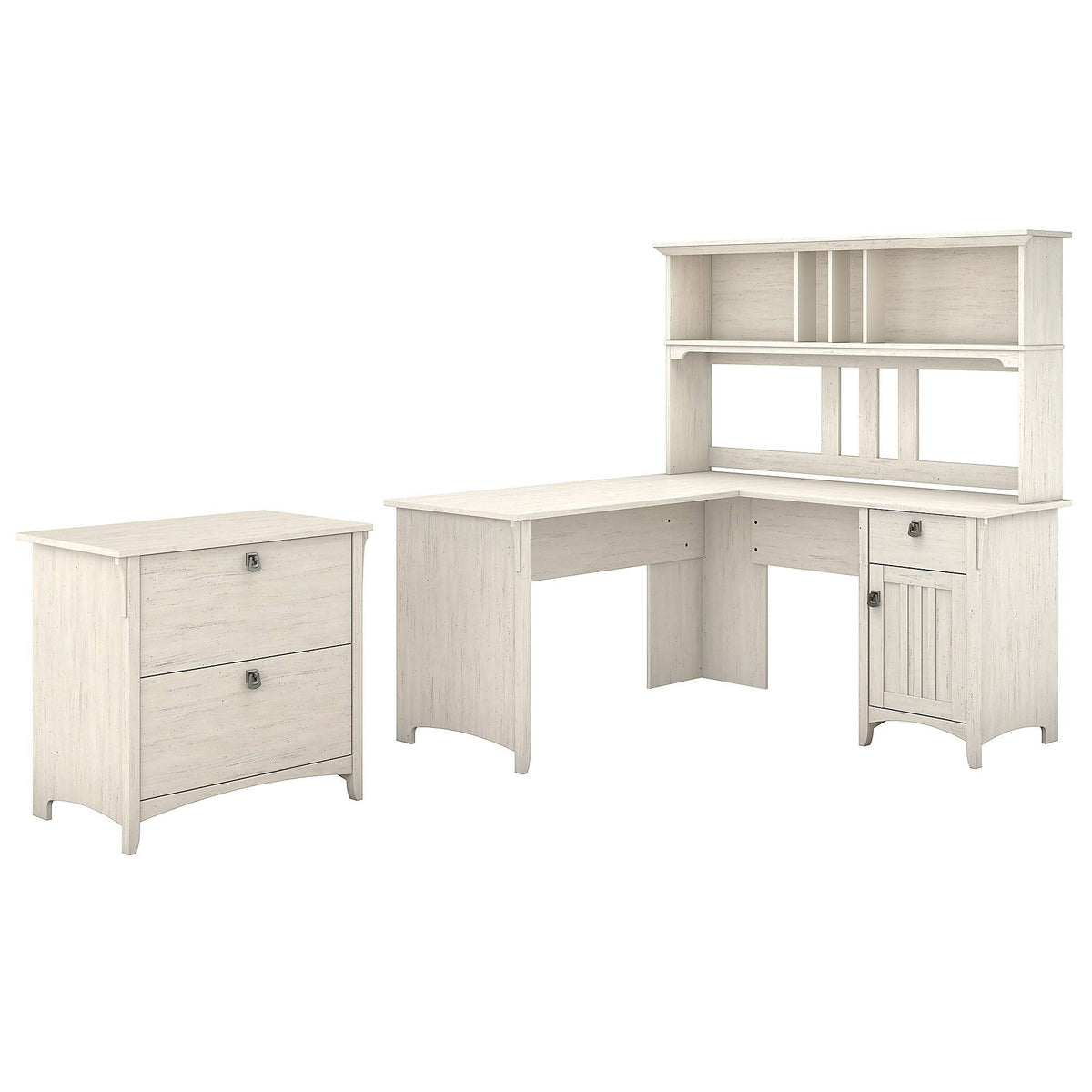 White L-Shaped Desk with Hutch and Lateral File Cabinet W429589