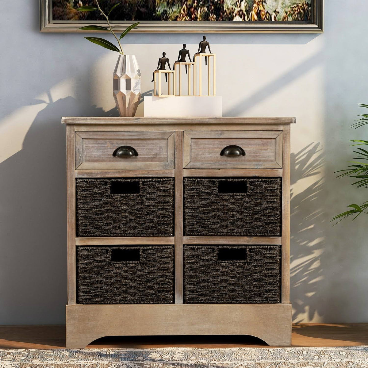 Rustic Storage Cabinet with 2 Drawers and 4 Fabric Basket V5072