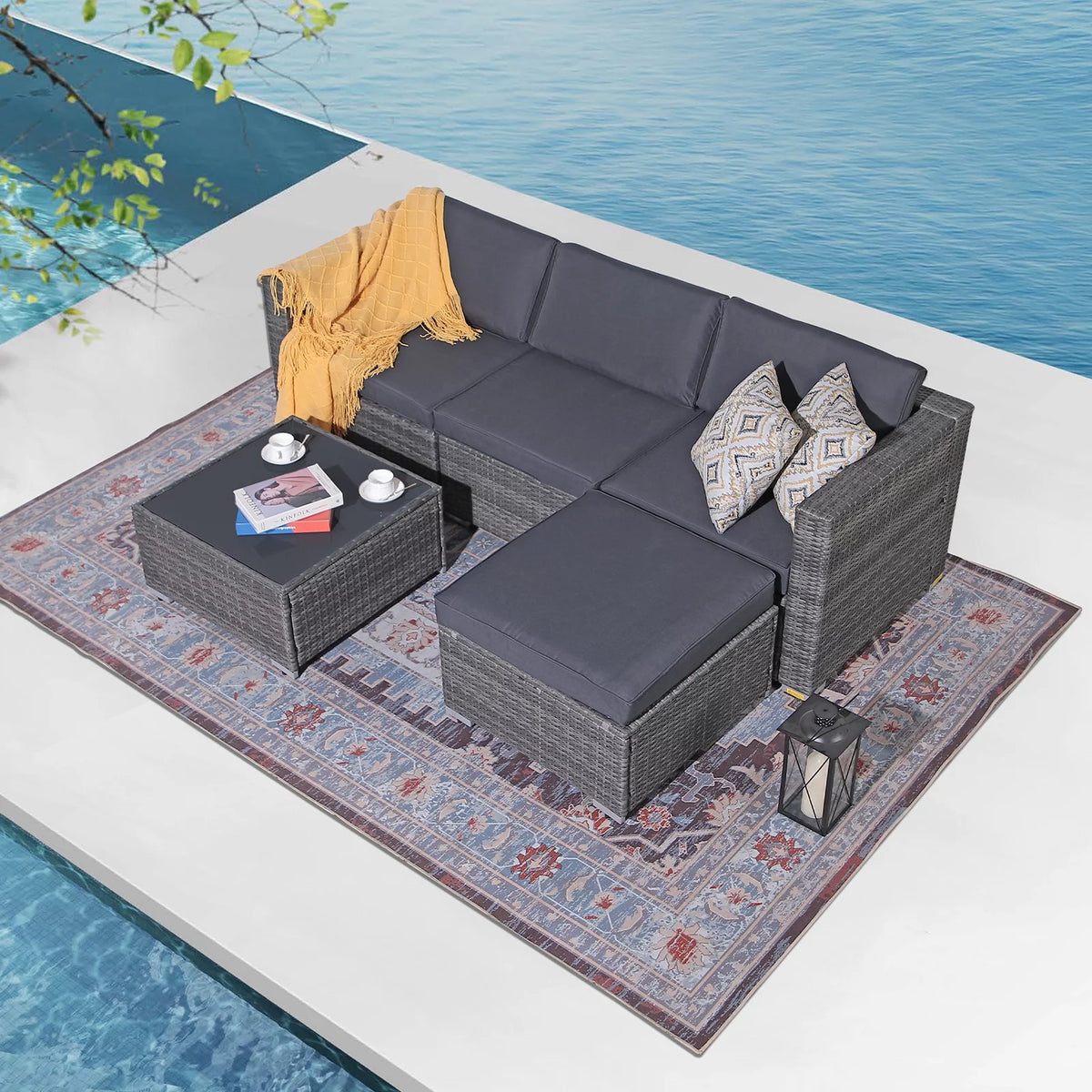 5 Pieces PE Gray Wicker Rattan Sectional Furniture Set with Coffee Table A93324