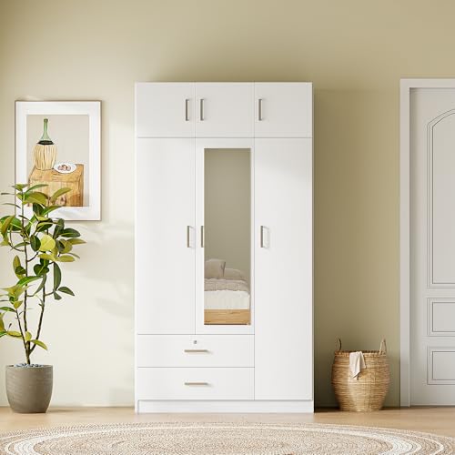 White 3-Door Wardrobe Closet with 1 Drawer and Top Cabinet G57865