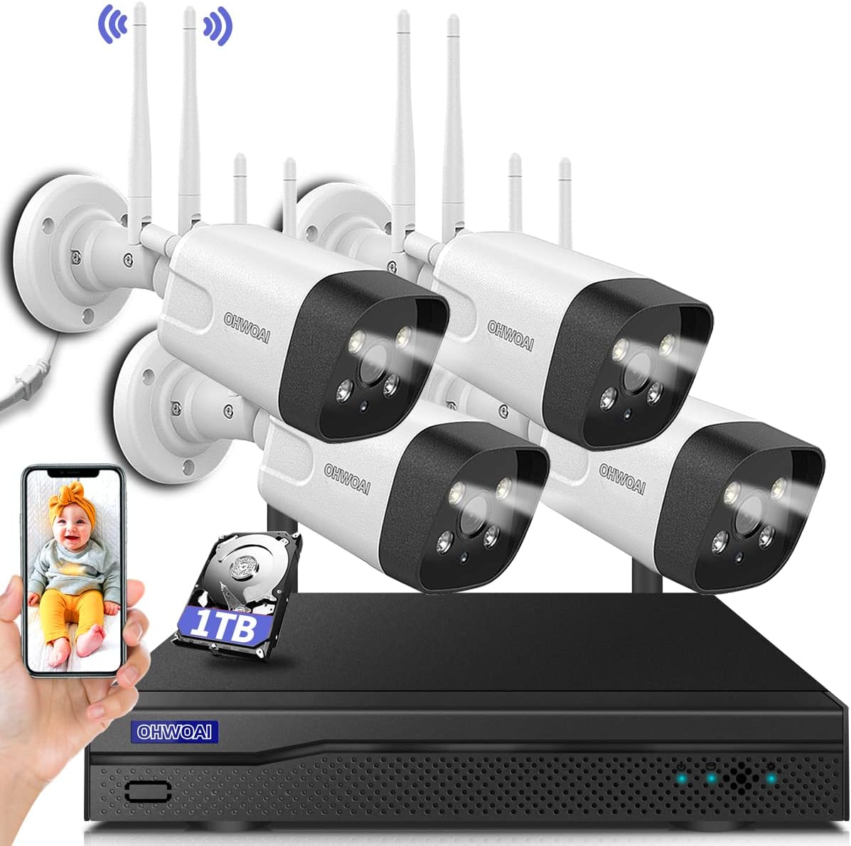 Wireless Security Camera System with 10 HD Screen, 4Pcs WiFi IP Cameras, 1TB HDD O446