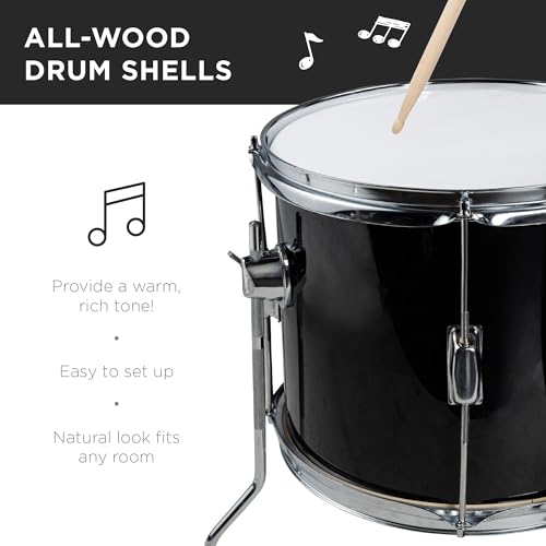 5-Piece Beginner Drum Set with Cymbals Pedal Drumsticks Stool Black W5447