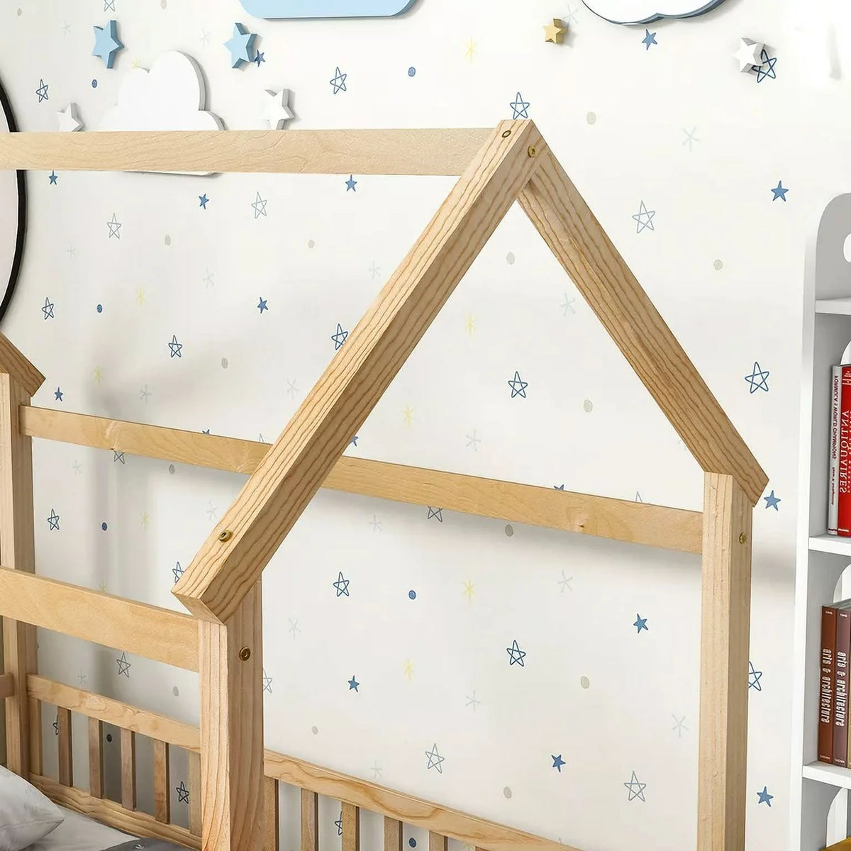 Twin Size Wood House Floor Bed with Fence Guardrails O603092