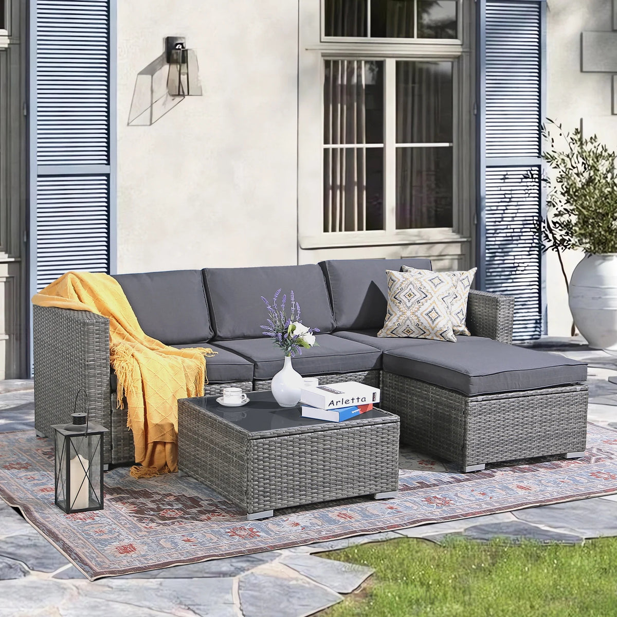 5 Pieces PE Gray Wicker Rattan Sectional Furniture Set with Coffee Table A93324