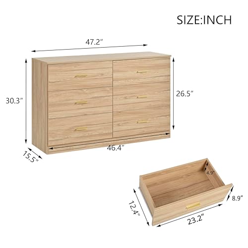 6 Drawer Wood Dresser with Gold Handles S1343