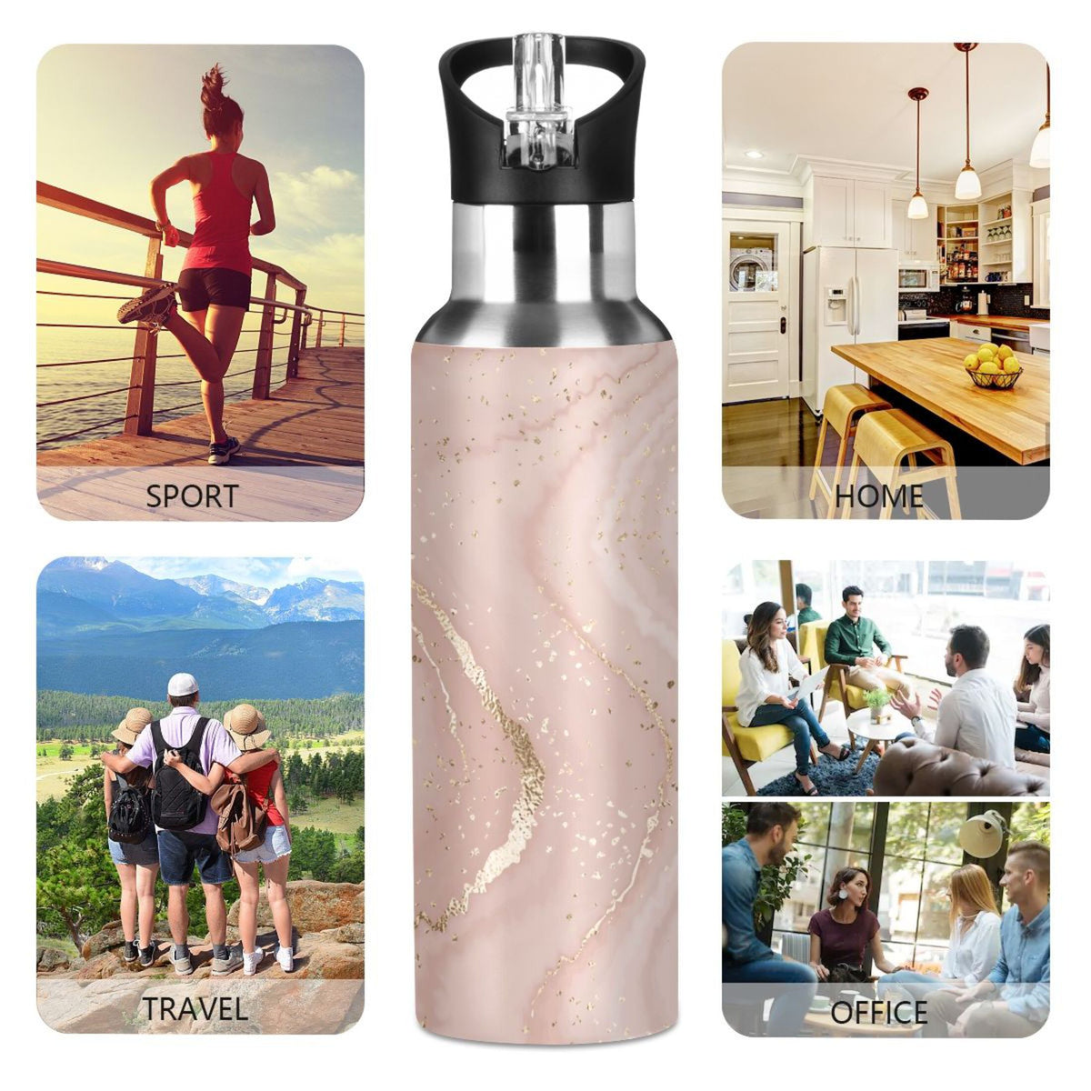 Pink Marble Stainless Steel Insulated Water Bottle with Straw Lid C126339