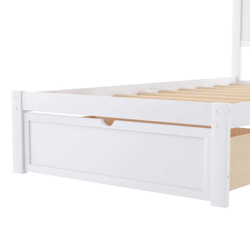 White Twin Wood Platform Bed with Headboard and Storage Drawer C289363