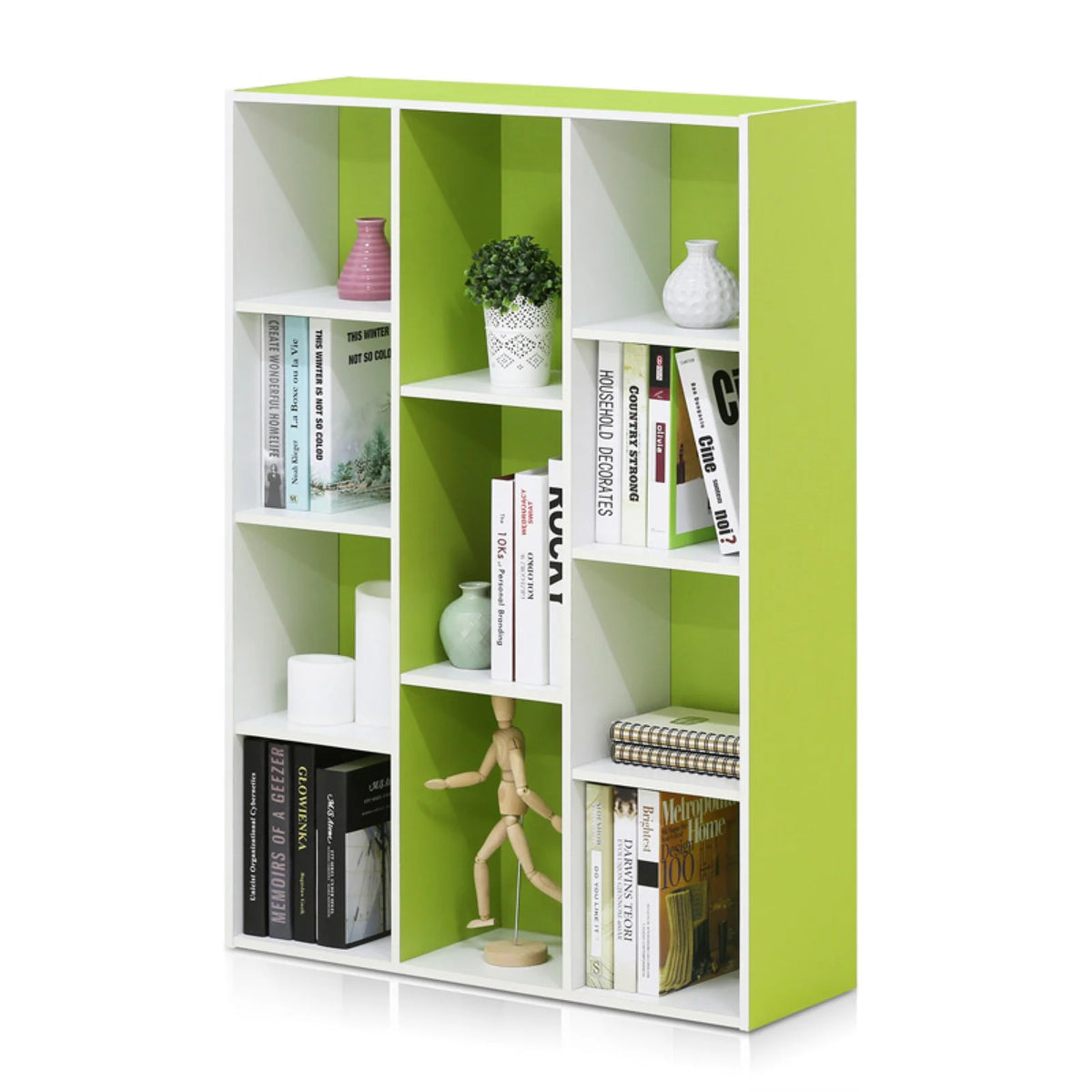 White Green 11 Cube Reversible Open Shelf Bookcase U808277