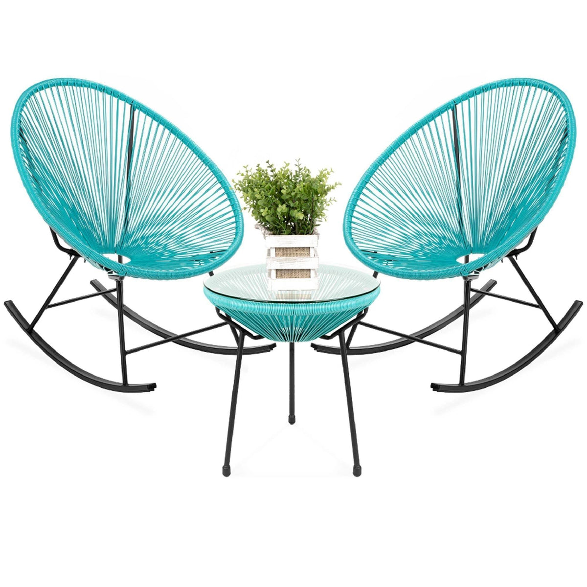 Blue 3-Piece Patio Bistro Furniture Set with Rocking Chairs and Table E973