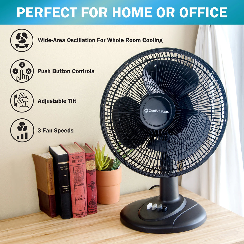 12” 3-Speed Oscillating Table Fan with Adjustable Tilt, Black P8560