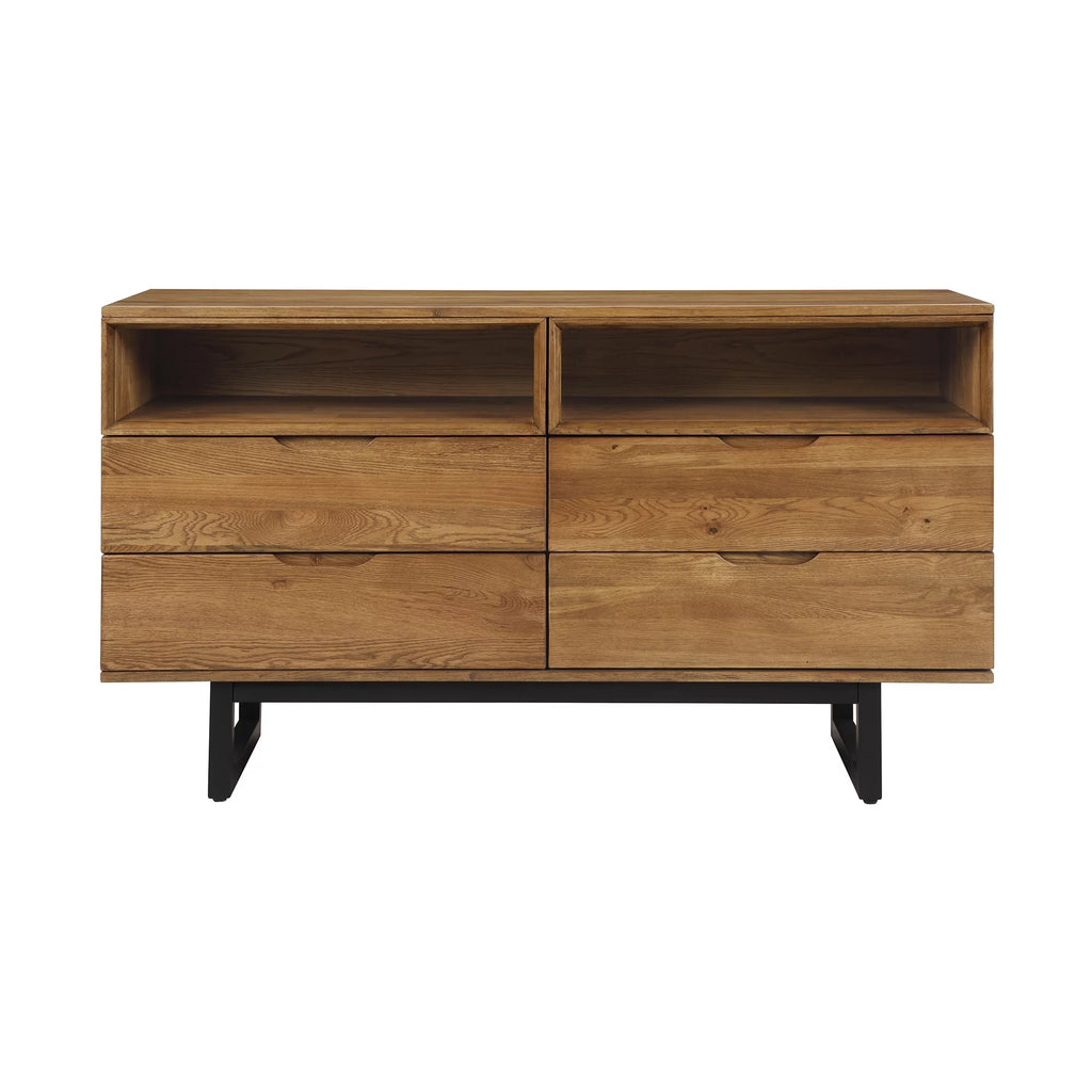 Brown Oak Wood 4 Drawer Dresser with Black Metal Legs E8935
