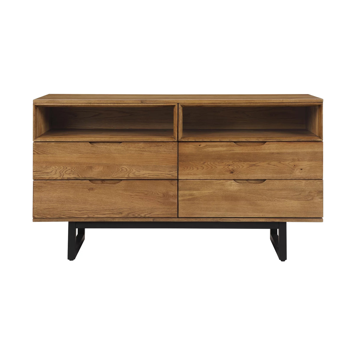 Brown Oak Wood 4 Drawer Dresser with Black Metal Legs E8935