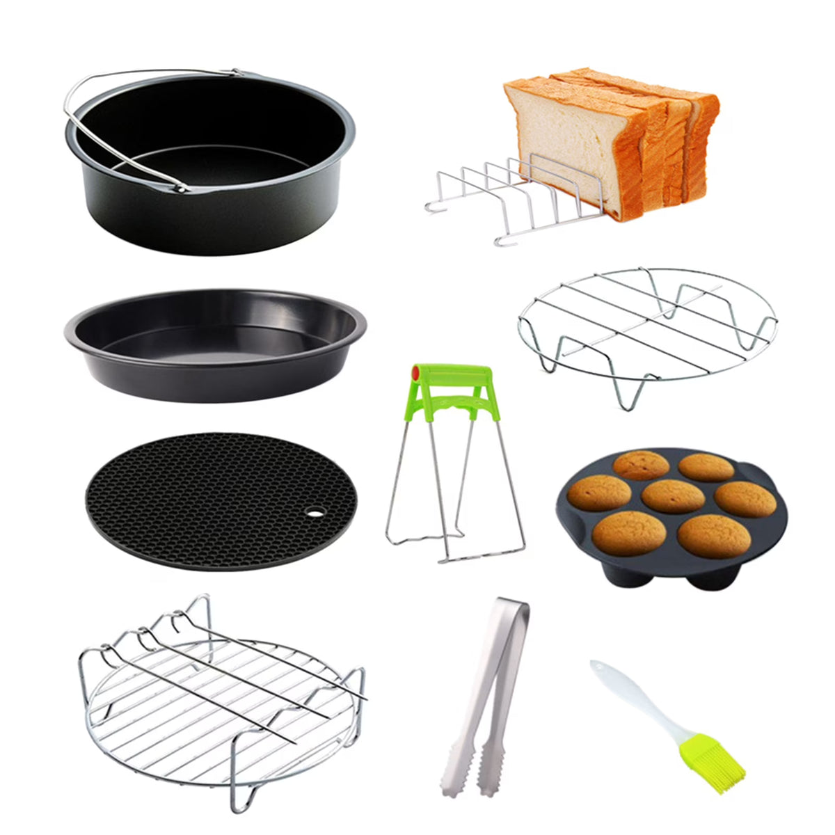 10Pcs Air Fryer Accessory Kit Baking Pan Rack Pizza Tray Metal Holder Cupcake Mould Set F98833