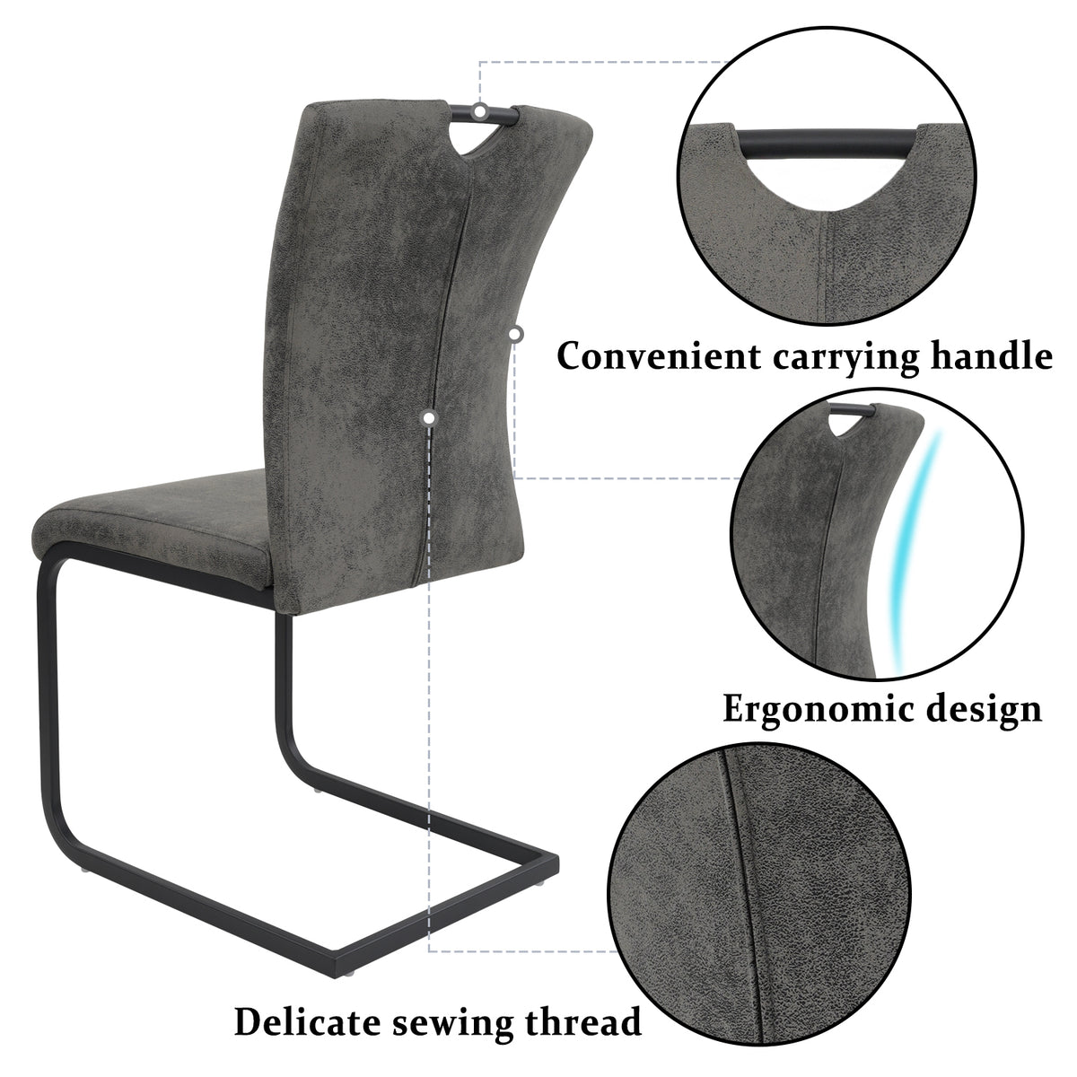Vintage Fabric Dining Chairs Set of 4 with Handle, High Back Chair, Armless Cantilever Chairs, Grey Q345203