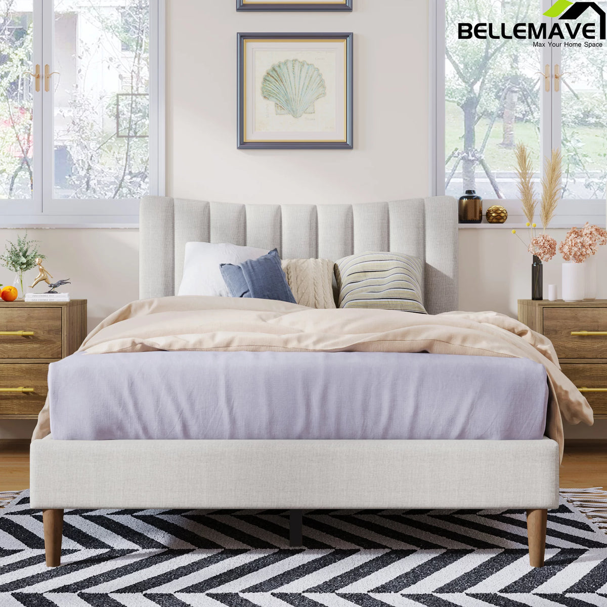 Full Size Linen Upholstered Platform Bed with Tufted Headboard F663970
