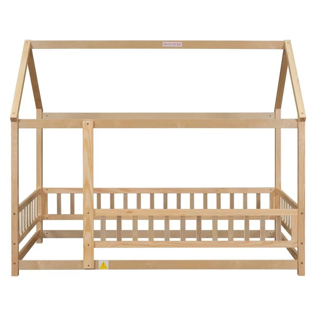 Twin Size Wood House Floor Bed with Fence Guardrails O603092