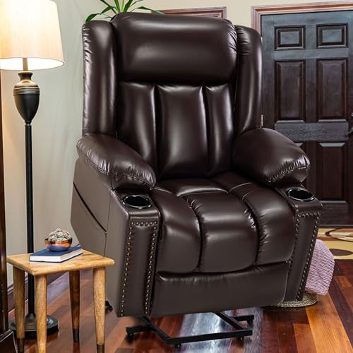 Large Power Lift Recliner Chair with Heated and Massage, Breathable Leather, Dark Brown A4908