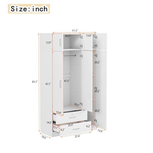 White 3-Door Wardrobe Closet with 1 Drawer and Top Cabinet G57865