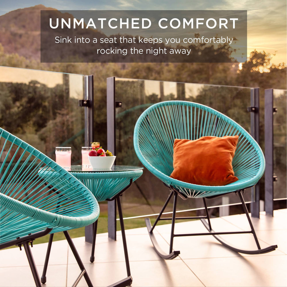 Blue 3-Piece Patio Bistro Furniture Set with Rocking Chairs and Table E973