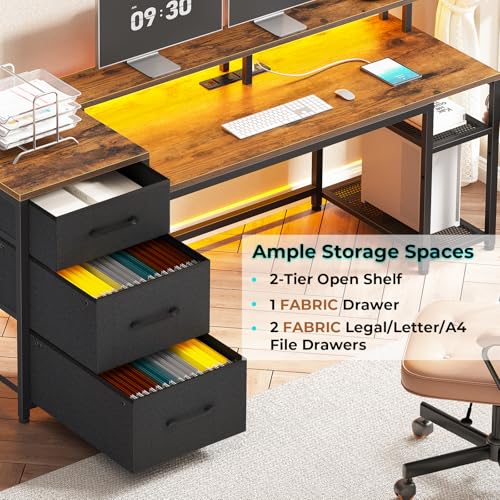 Rustic Brown Office Desk with Drawers and LED Lights G531