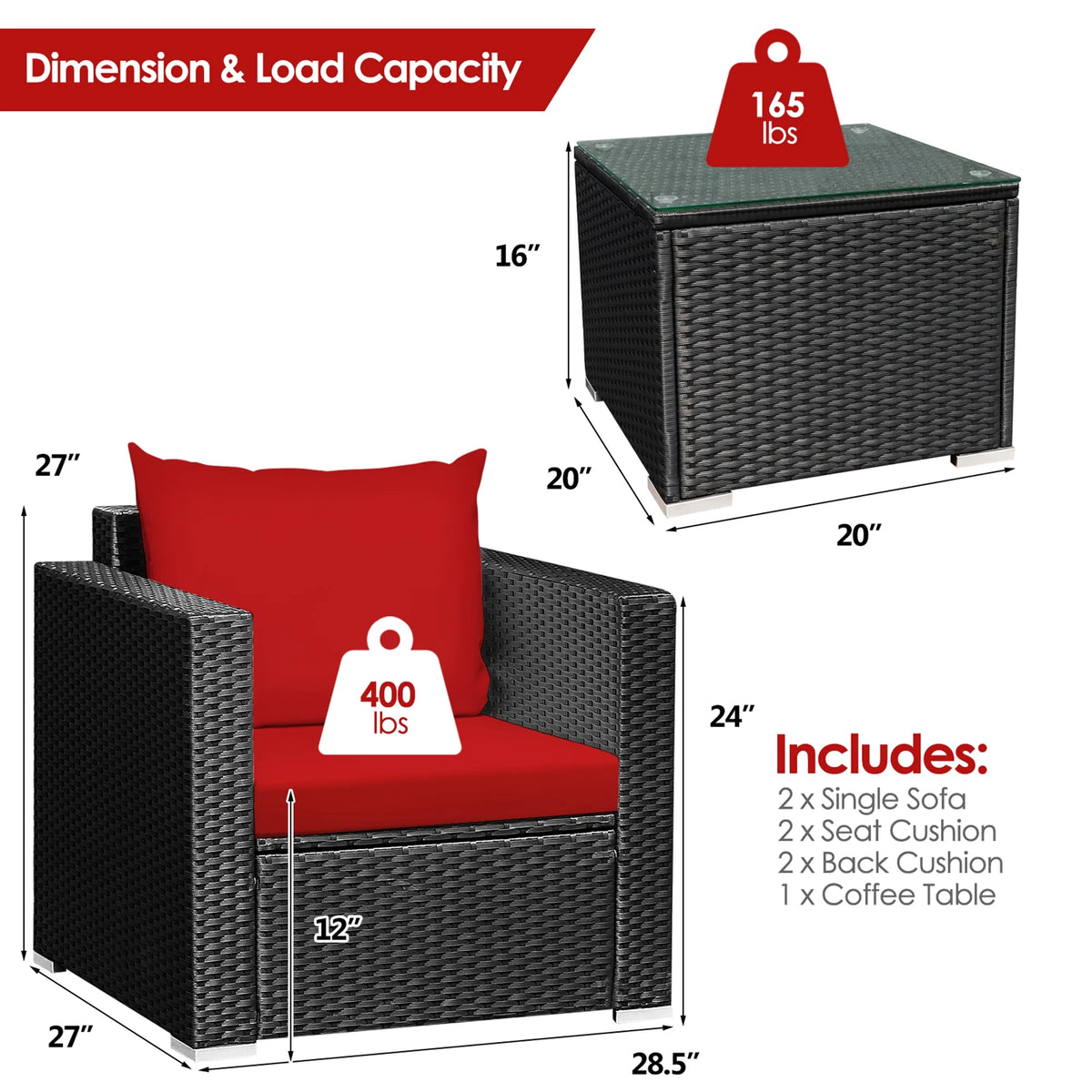 3 Pcs Rattan Patio Conversation Furniture Set with Red Cushions G7786