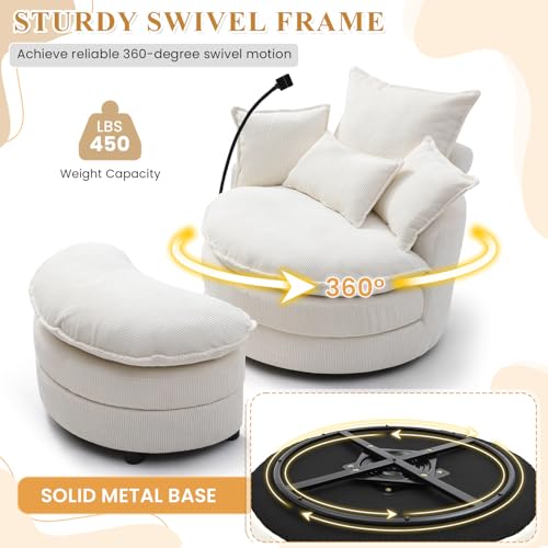Beige Corduroy Oversized Swivel Accent Sofa Chair with Storage Ottoman Z90939