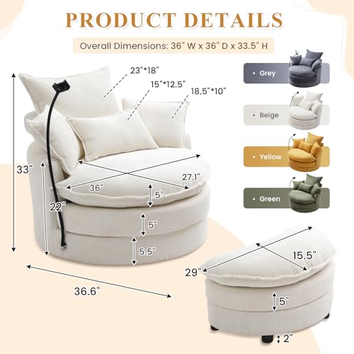 Beige Corduroy Oversized Swivel Accent Sofa Chair with Storage Ottoman Z90939