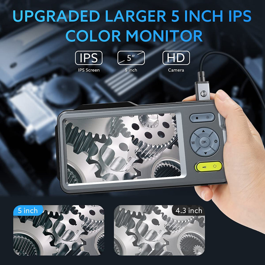 1080P Dual-Lens Endoscope with 5 IPS Screen, 5mm Ultra-Slim Inspection Camera, 7 LED Lights, 32GB Card, 3500mAh Battery, 16.5ft Waterproof Cable, Portable Hard Case N671