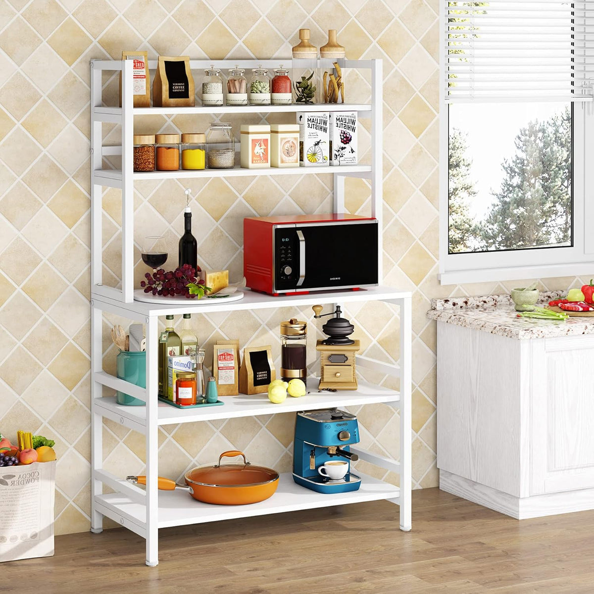 Rustic Brown 5-Tier Kitchen Bakers Rack with Storage and Hutch A199