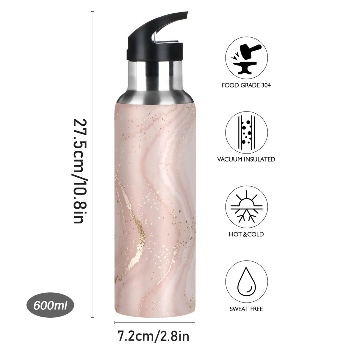 Pink Marble Stainless Steel Insulated Water Bottle with Straw Lid C126339