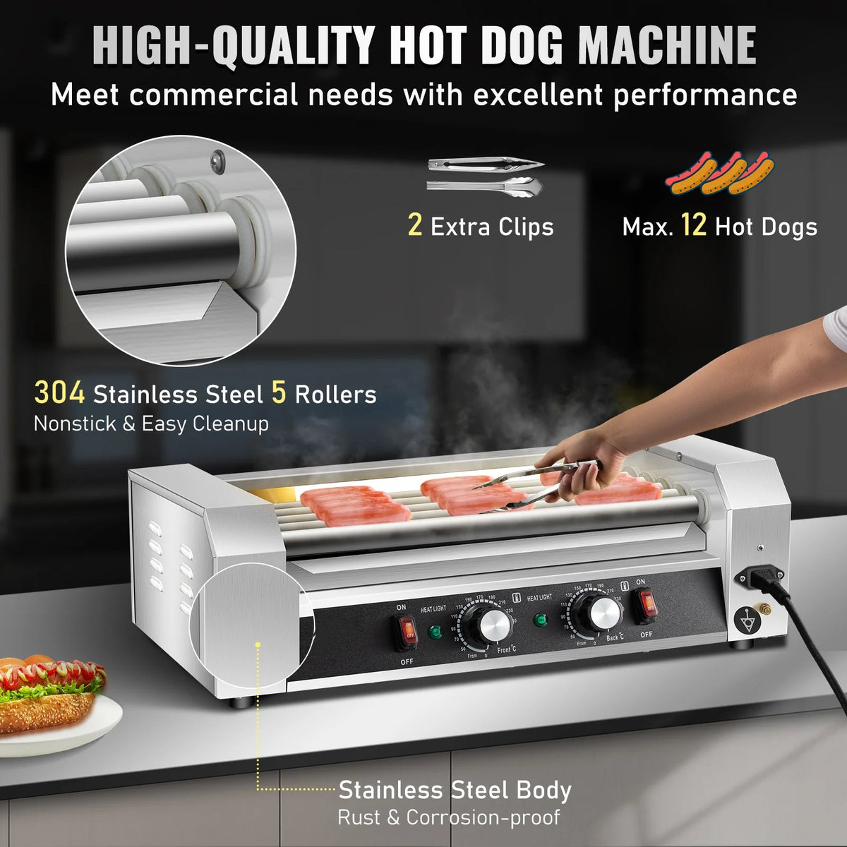 12 Hot Dog 5 Roller Grill Cooker Machine Stainless Steel 750W V7761