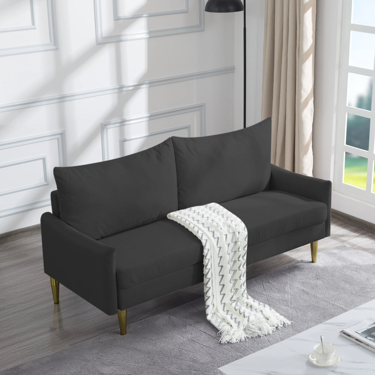 67.5” Couch with Removable Washable Back Cushion Cover, Manufactured Wood Frame, Tapered Metal Legs (Dark Grey) E40059