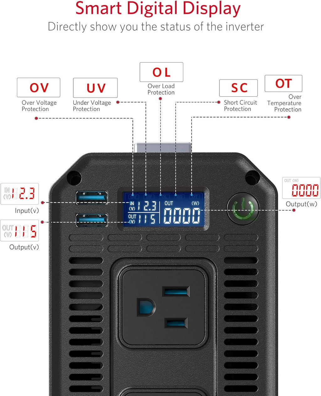 1200W Power Inverter with LCD Display Dual USB Car Charger R9629