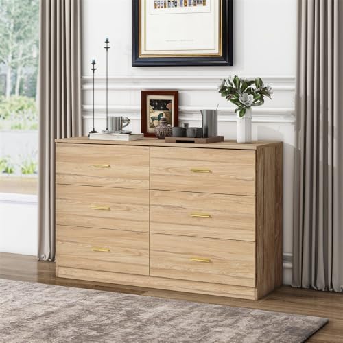 6 Drawer Wood Dresser with Gold Handles S1343