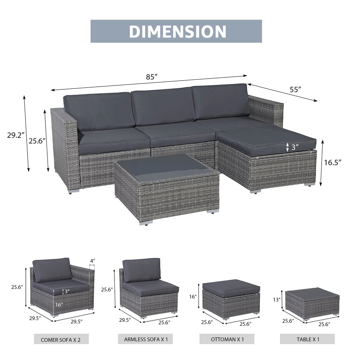 5 Pieces PE Gray Wicker Rattan Sectional Furniture Set with Coffee Table A93324