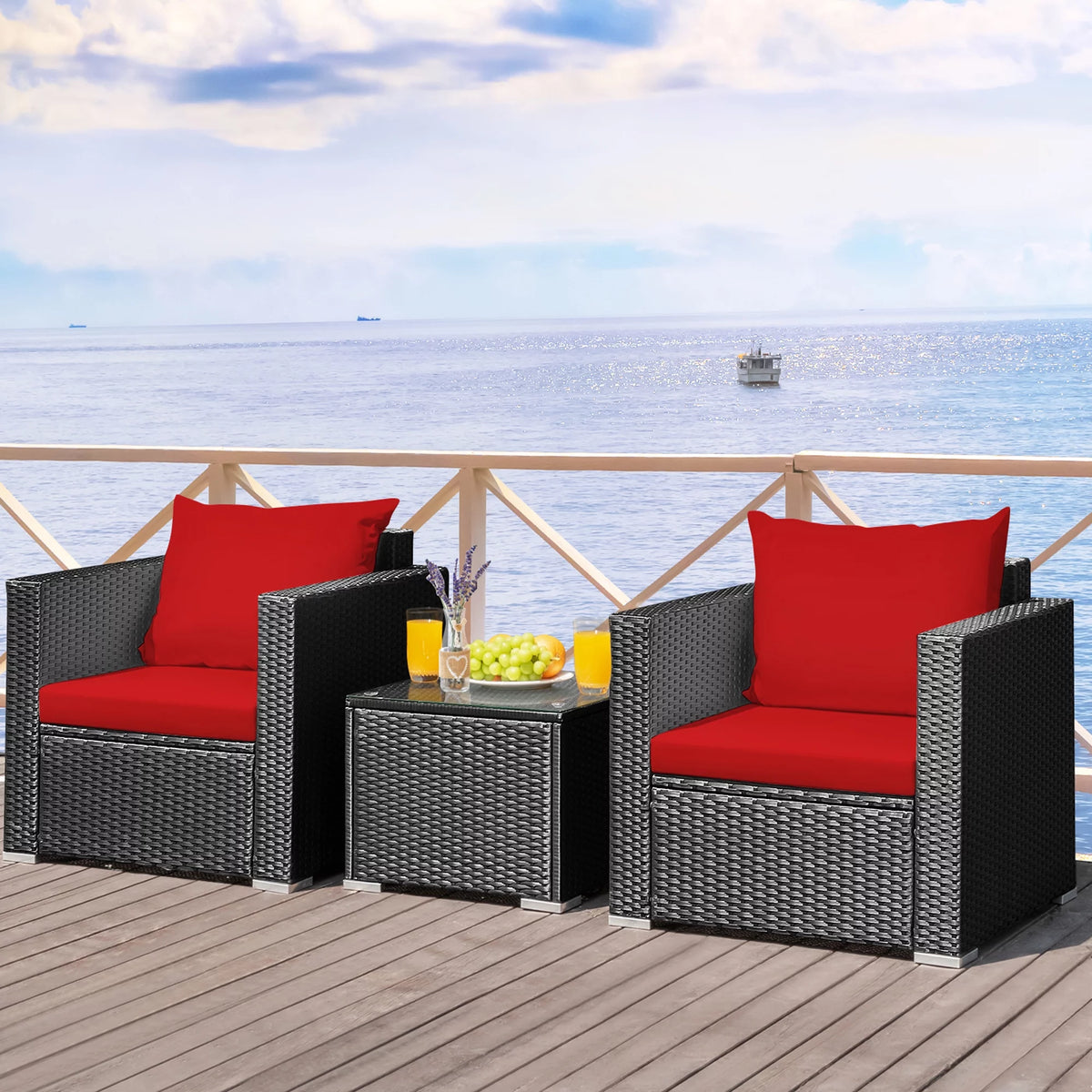 3 Pcs Rattan Patio Conversation Furniture Set with Red Cushions G7786